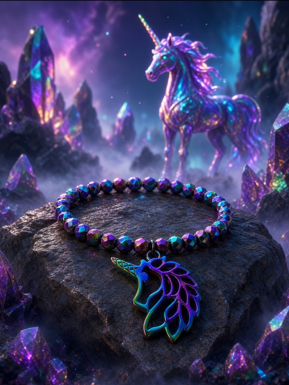 Rainbow Hematite Unicorn Beaded Bracelet